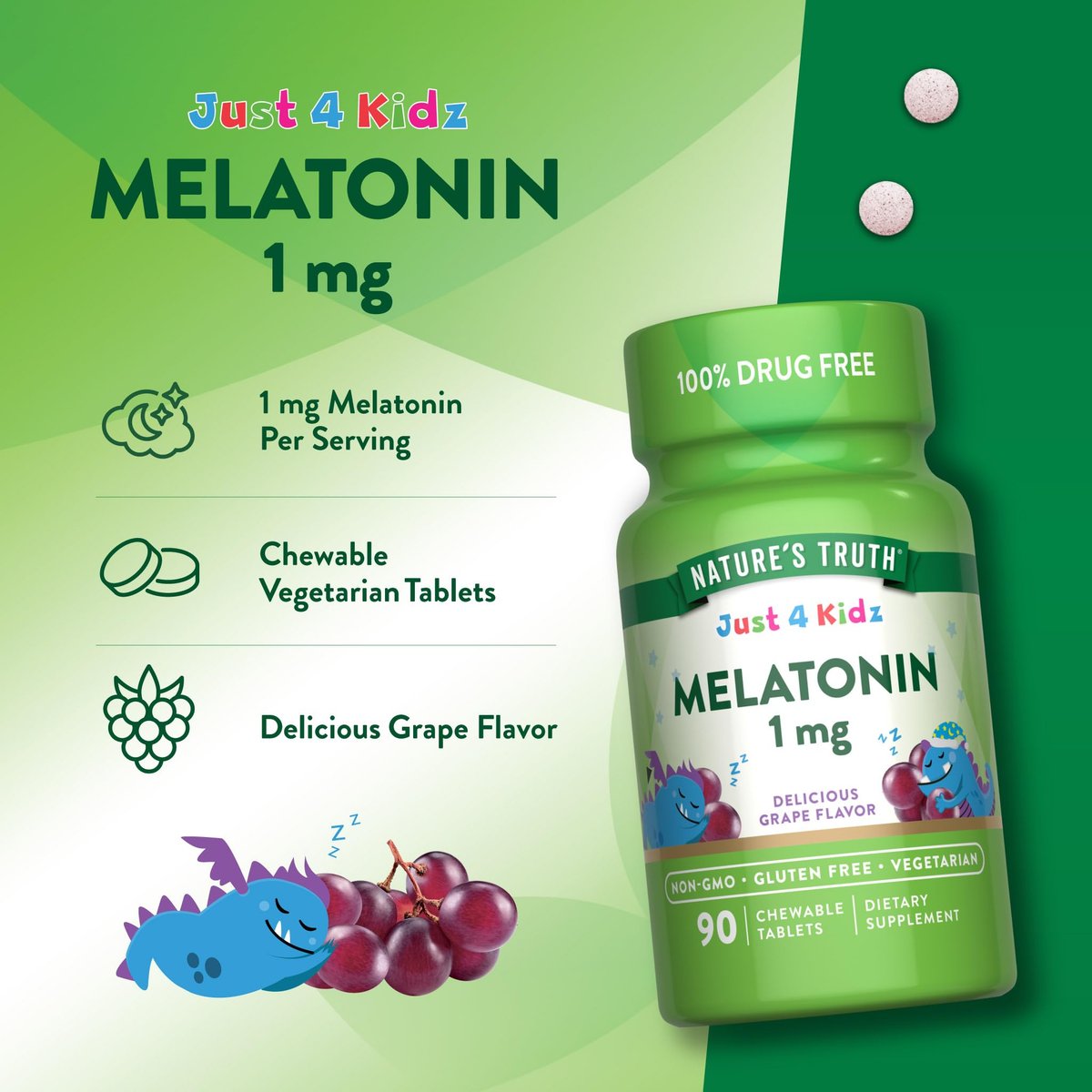 Nature's Truth Melatonin Gummie für Kinder | 1 mg | Traubengeschmack | Vegetarisch, Nicht-GVO & Glutenfrei | 90 Stück