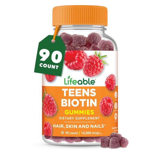 Lifeable Teens Biotin 10000 mcg Gummis | Vitamin B7 | Veganes Biotin-Präparat | Lecker schmeckende Biotin-Gummis für Haarwachstum, gesunde Haut und Nägel | Biotin-Vitamine für Teenager | 90 Gummis