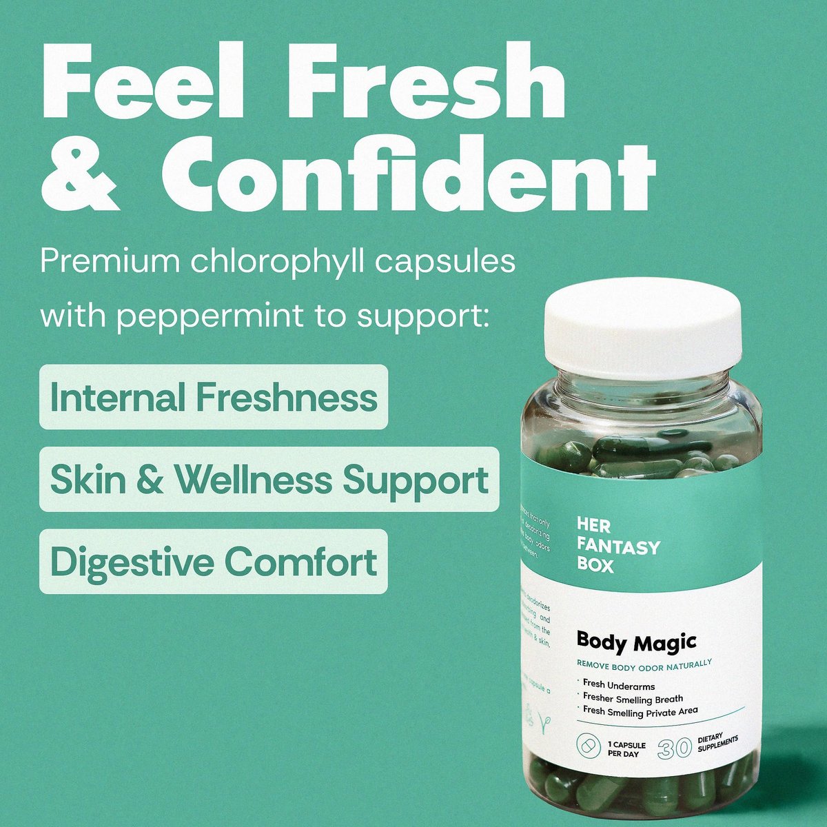 Her Fantasy Box | Body Magic | Chlorophyll-Kapseln – 30 vegane Kapseln für Entgiftung, Verdauung, Darmgesundheit, Hautunterstützung und fettige Haut – Natürlicher Energie-Booster