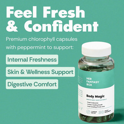 Her Fantasy Box | Body Magic | Chlorophyll-Kapseln – 30 vegane Kapseln für Entgiftung, Verdauung, Darmgesundheit, Hautunterstützung und fettige Haut – Natürlicher Energie-Booster