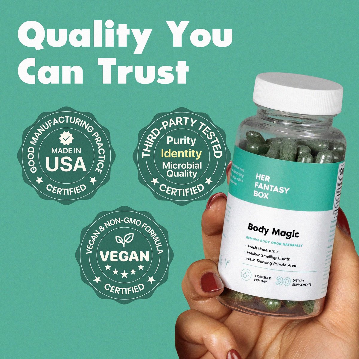 Her Fantasy Box | Body Magic | Chlorophyll-Kapseln – 30 vegane Kapseln für Entgiftung, Verdauung, Darmgesundheit, Hautunterstützung und fettige Haut – Natürlicher Energie-Booster