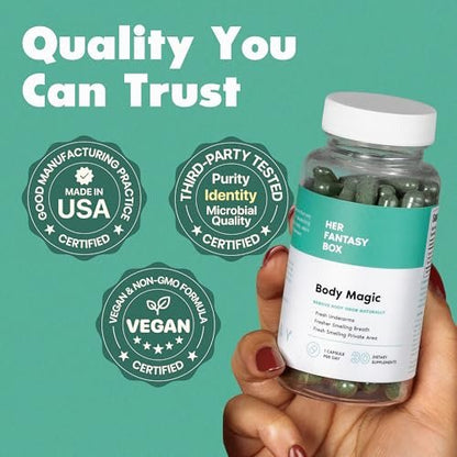 Her Fantasy Box | Body Magic | Chlorophyll-Kapseln – 30 vegane Kapseln für Entgiftung, Verdauung, Darmgesundheit, Hautunterstützung und fettige Haut – Natürlicher Energie-Booster