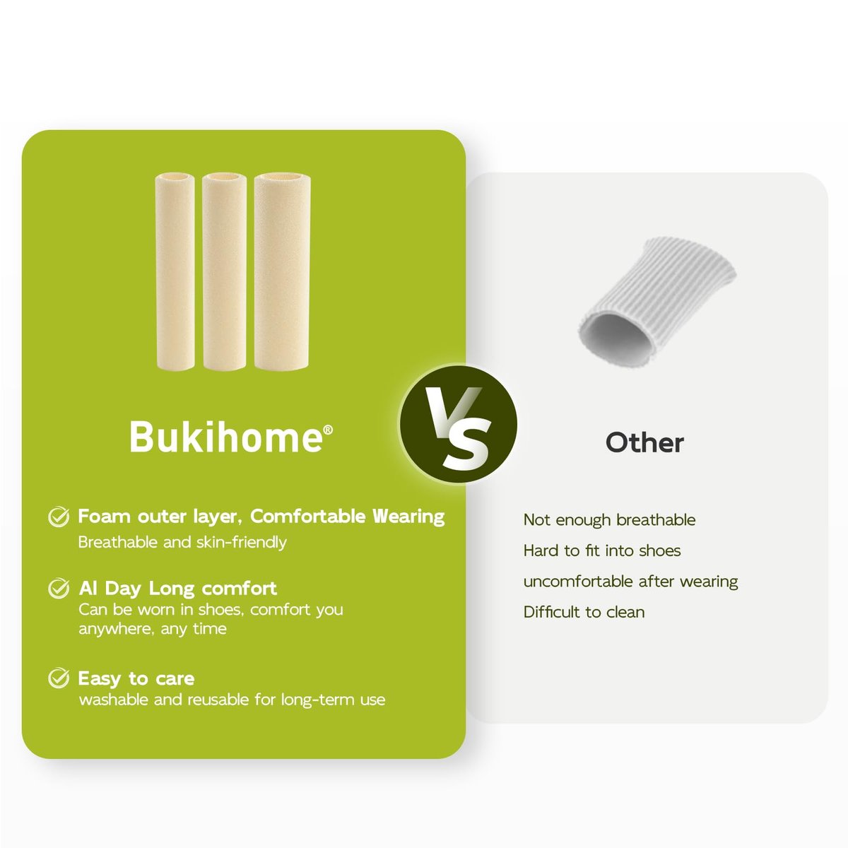 Bukihome Zehenpolster aus Schaumstoff - Schneidbare Zehenschutztuben für Hühneraugen, Hornhaut, Blasen - Stoff & atmungsaktive Gel-Einlage Zehenschutz zur Druck- und Schmerzlinderung - 3 Stück, Weiß