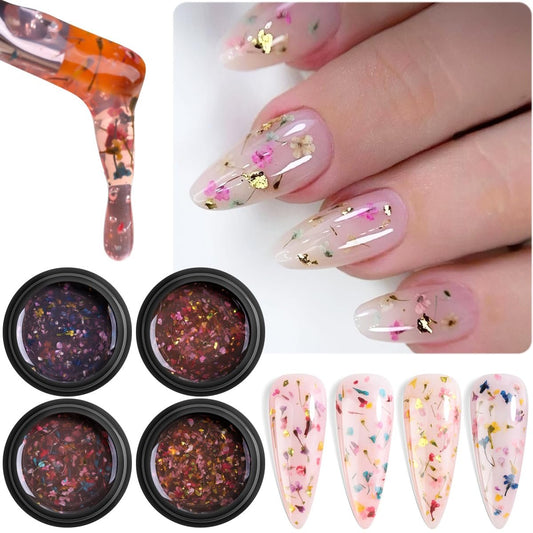Fcozpjk Getrocknete Blumen Gel-Nagellack, 4 Farben Blumen-Gel-Nagellack UV/LED Nagellack Frühling Sommer Floral Nageldesign Transluzenter Jelly Gel-Nagellack Set für Heim-Maniküre
