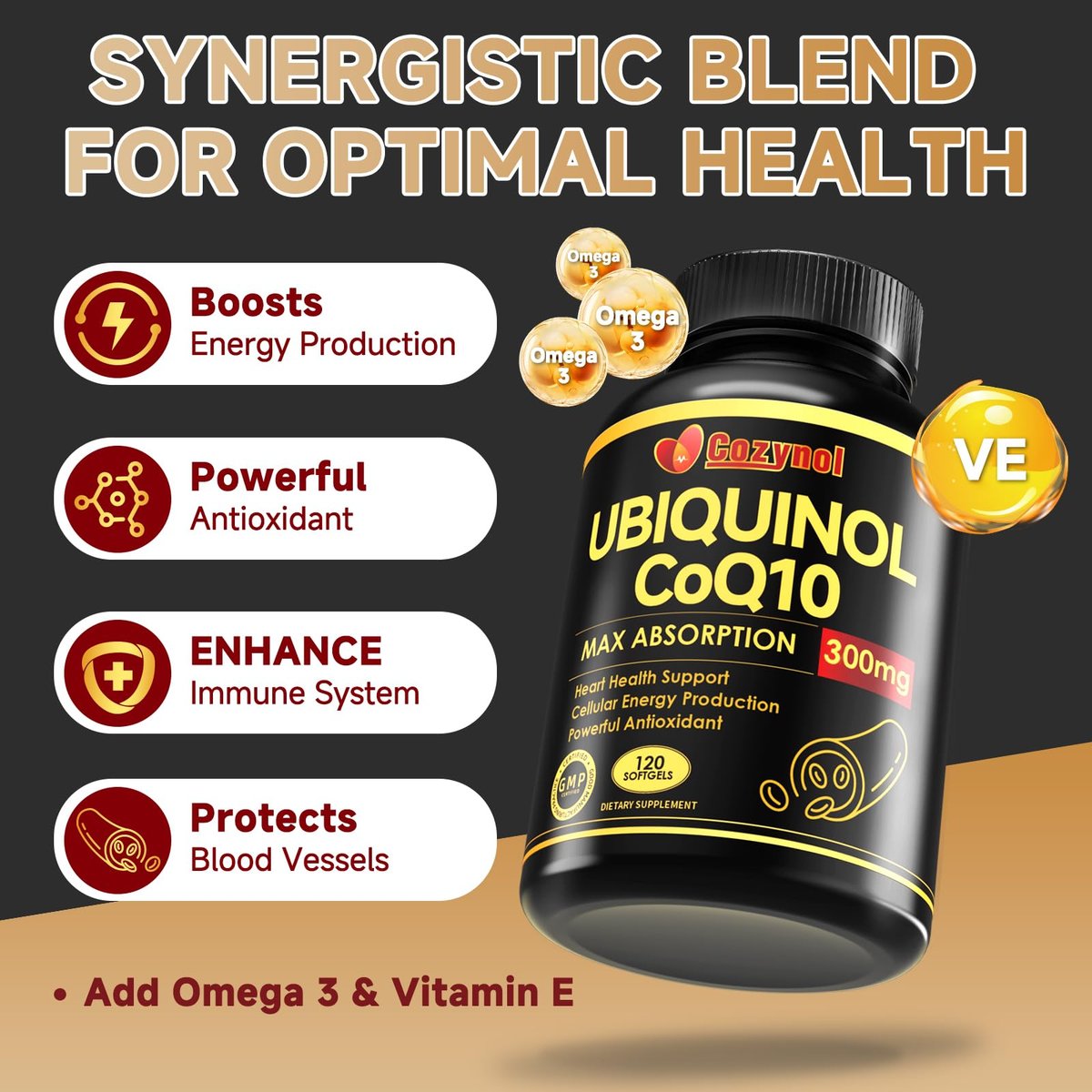 Ubiquinol CoQ10-300mg Weichkapseln mit Vitamin E & Omega 3 - Coenzym Q10 Nahrungsergänzungsmittel für Herzgesundheit & Energieproduktion - Starkes Antioxidans - 120 Portionen, 4-Monats-Vorrat