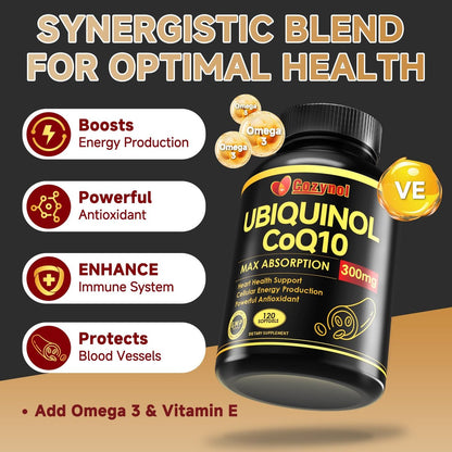 Ubiquinol CoQ10-300mg Weichkapseln mit Vitamin E & Omega 3 - Coenzym Q10 Nahrungsergänzungsmittel für Herzgesundheit & Energieproduktion - Starkes Antioxidans - 120 Portionen, 4-Monats-Vorrat