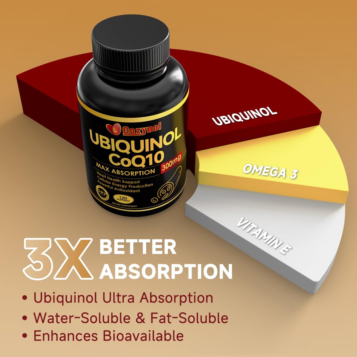 Ubiquinol CoQ10-300mg Weichkapseln mit Vitamin E & Omega 3 - Coenzym Q10 Nahrungsergänzungsmittel für Herzgesundheit & Energieproduktion - Starkes Antioxidans - 120 Portionen, 4-Monats-Vorrat