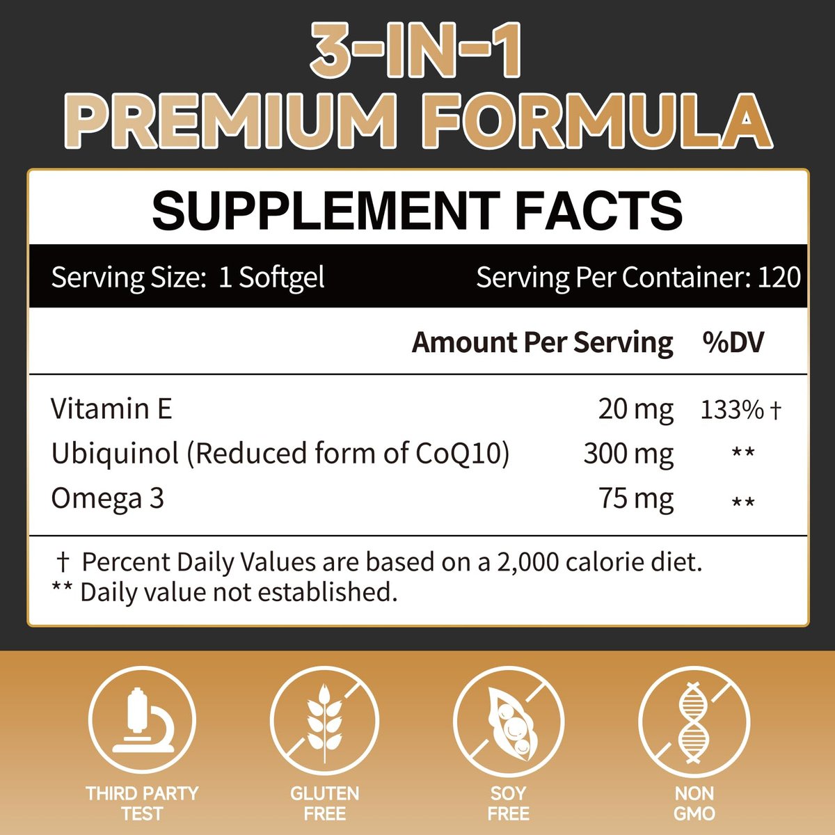 Ubiquinol CoQ10-300mg Weichkapseln mit Vitamin E & Omega 3 - Coenzym Q10 Nahrungsergänzungsmittel für Herzgesundheit & Energieproduktion - Starkes Antioxidans - 120 Portionen, 4-Monats-Vorrat