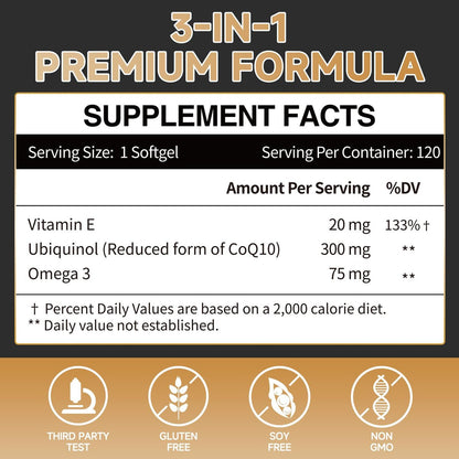 Ubiquinol CoQ10-300mg Weichkapseln mit Vitamin E & Omega 3 - Coenzym Q10 Nahrungsergänzungsmittel für Herzgesundheit & Energieproduktion - Starkes Antioxidans - 120 Portionen, 4-Monats-Vorrat