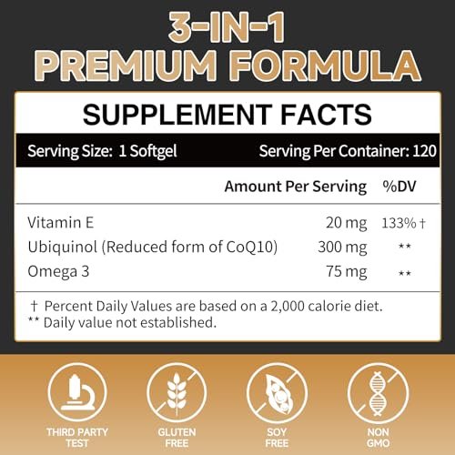Ubiquinol CoQ10-300mg Weichkapseln mit Vitamin E & Omega 3 - Coenzym Q10 Nahrungsergänzungsmittel für Herzgesundheit & Energieproduktion - Starkes Antioxidans - 120 Portionen, 4-Monats-Vorrat