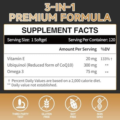 Ubiquinol CoQ10-300mg Weichkapseln mit Vitamin E & Omega 3 - Coenzym Q10 Nahrungsergänzungsmittel für Herzgesundheit & Energieproduktion - Starkes Antioxidans - 120 Portionen, 4-Monats-Vorrat