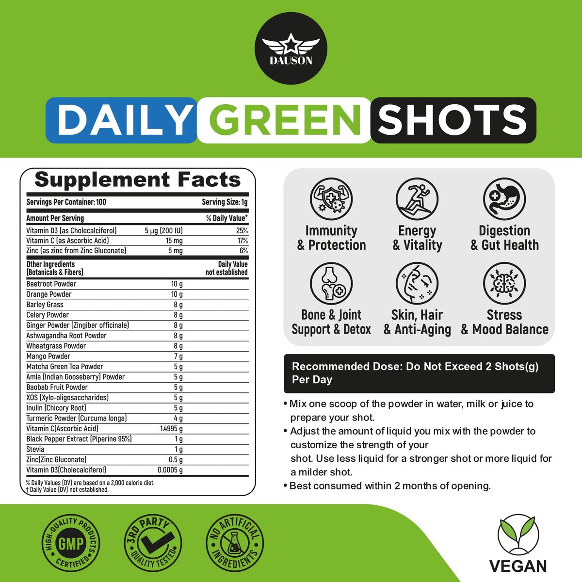 Supergreen Shots für ganzheitliches Wohlbefinden | Kräuterergänzung mit Weizengras, Matcha, Rote Bete, Ashwagandha, Kurkuma & Präbiotika | 100 Shots zur Stärkung von Immunität & Energie