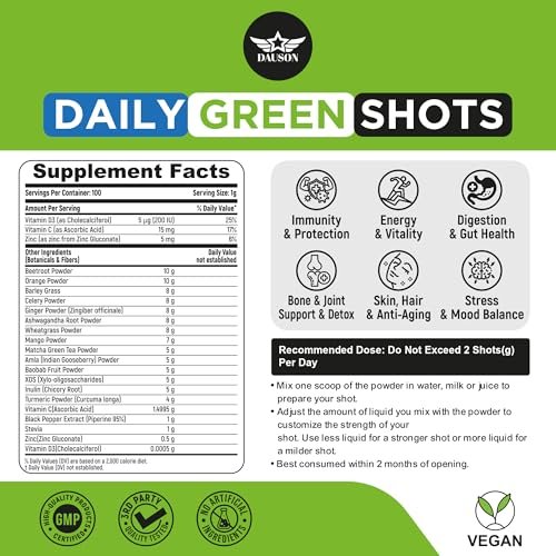Supergreen Shots für ganzheitliches Wohlbefinden | Kräuterergänzung mit Weizengras, Matcha, Rote Bete, Ashwagandha, Kurkuma & Präbiotika | 100 Shots zur Stärkung von Immunität & Energie