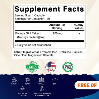 Vitamatic Moringa-Extrakt – pflanzliche Kapseln mit Moringa Oleifera Blattpulver – grünes Superfood Nahrungsergänzungsmittel – vegetarisch, nicht gentechnisch verändert, hergestellt in den USA – 180 Kapseln
