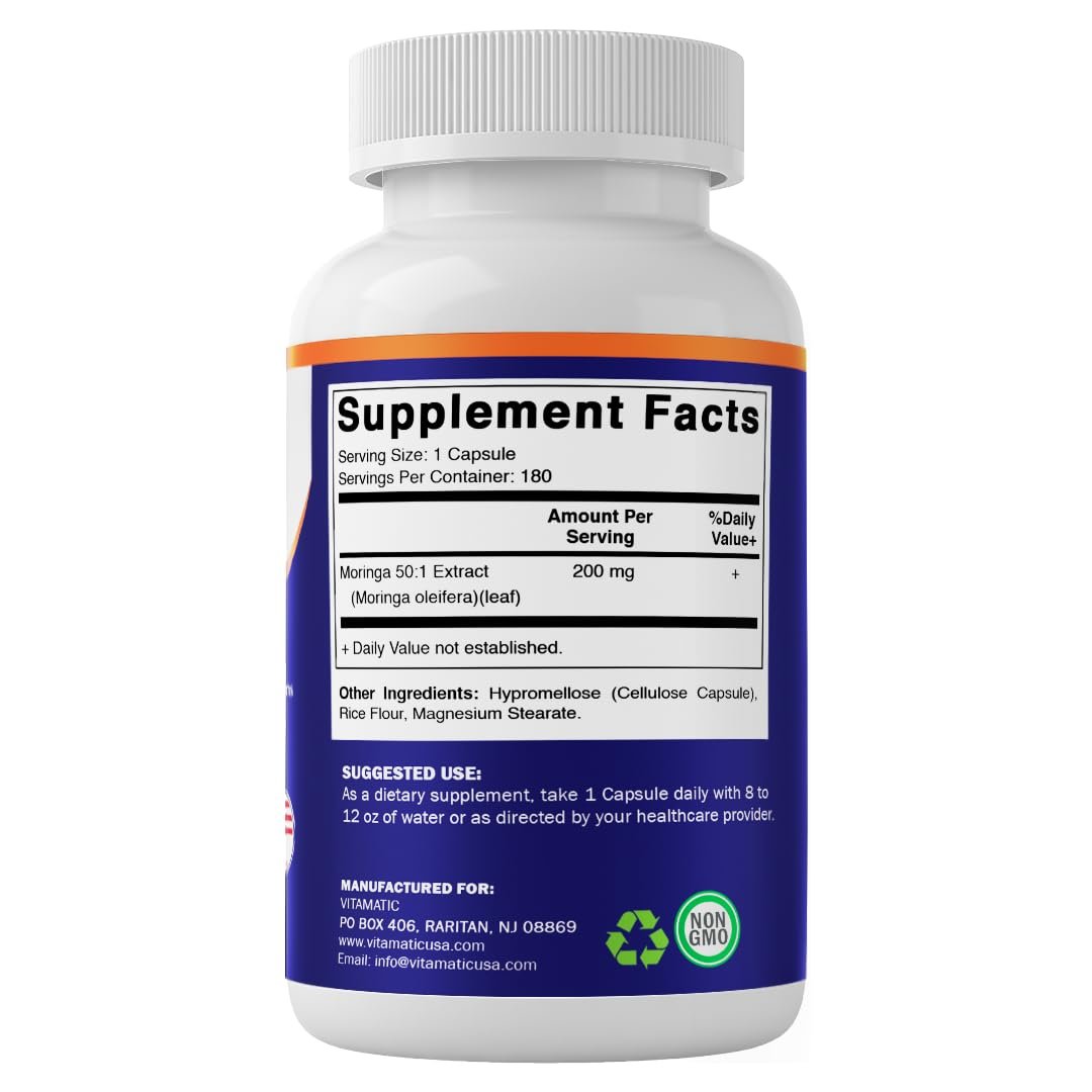 Vitamatic Moringa-Extrakt – pflanzliche Kapseln mit Moringa Oleifera Blattpulver – grünes Superfood Nahrungsergänzungsmittel – vegetarisch, nicht gentechnisch verändert, hergestellt in den USA – 180 Kapseln