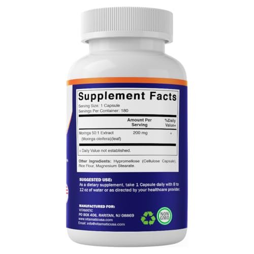 Vitamatic Moringa-Extrakt – pflanzliche Kapseln mit Moringa Oleifera Blattpulver – grünes Superfood Nahrungsergänzungsmittel – vegetarisch, nicht gentechnisch verändert, hergestellt in den USA – 180 Kapseln