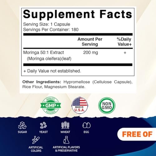 Vitamatic Moringa-Extrakt – pflanzliche Kapseln mit Moringa Oleifera Blattpulver – grünes Superfood Nahrungsergänzungsmittel – vegetarisch, nicht gentechnisch verändert, hergestellt in den USA – 180 Kapseln