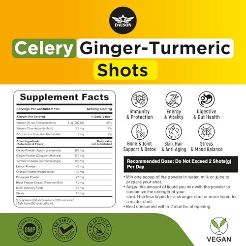 Sellerie-Ingwer-Kurkuma Shots Pulver mit Vitamin C, D3 & Zink – Tägliche Entgiftung & Immununterstützung mit Piperin & Präbiotika – 100 Portionen