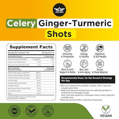 Sellerie-Ingwer-Kurkuma Shots Pulver mit Vitamin C, D3 & Zink – Tägliche Entgiftung & Immununterstützung mit Piperin & Präbiotika – 100 Portionen