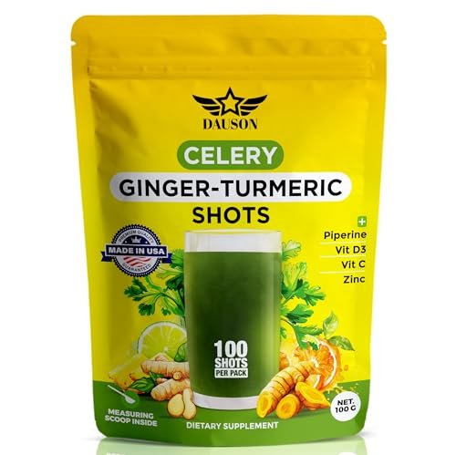Sellerie-Ingwer-Kurkuma Shots Pulver mit Vitamin C, D3 & Zink – Tägliche Entgiftung & Immununterstützung mit Piperin & Präbiotika – 100 Portionen