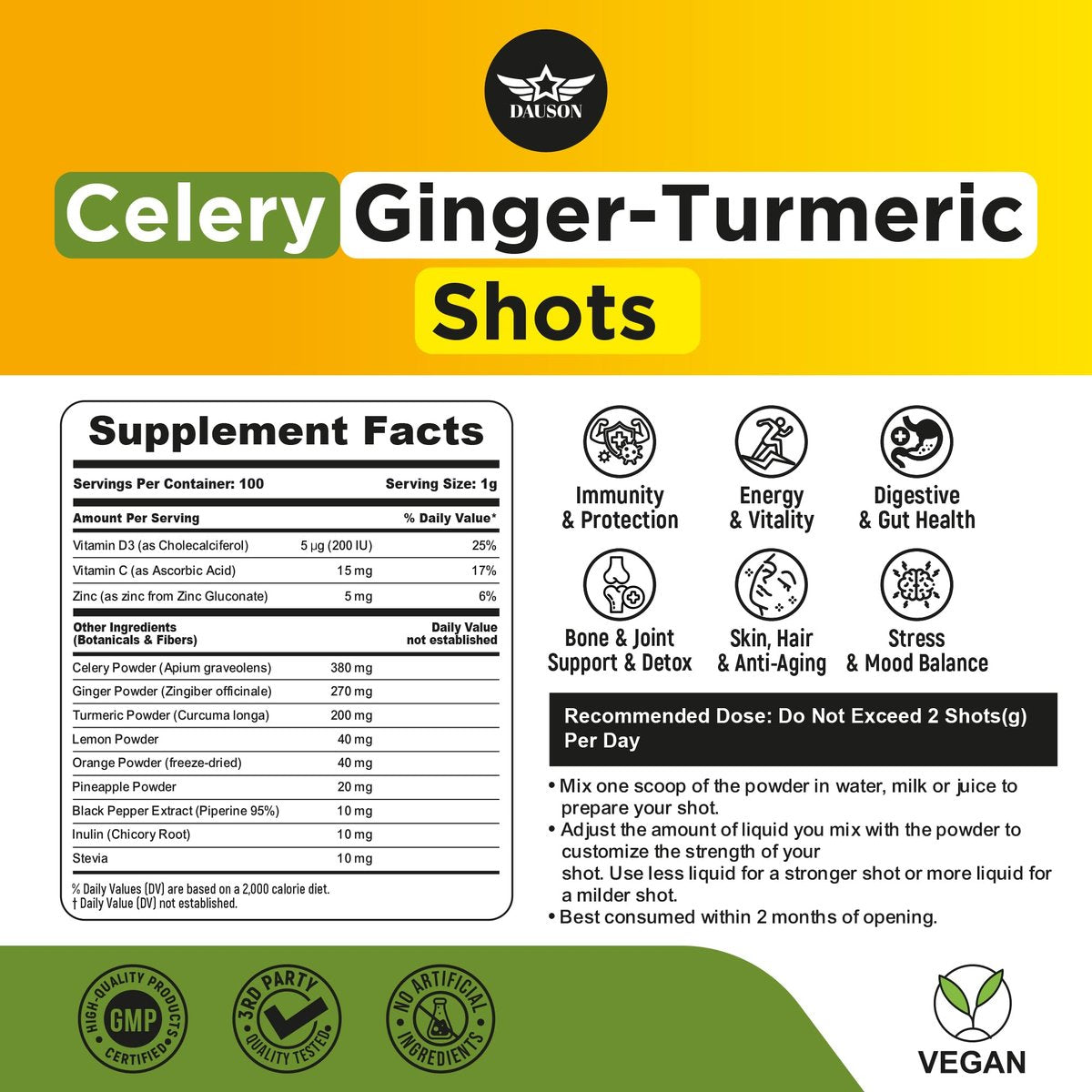 Sellerie-Ingwer-Kurkuma Shots Pulver mit Vitamin C, D3 & Zink – Tägliche Entgiftung & Immununterstützung mit Piperin & Präbiotika – 100 Portionen