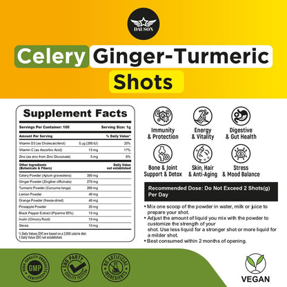 Sellerie-Ingwer-Kurkuma Shots Pulver mit Vitamin C, D3 & Zink – Tägliche Entgiftung & Immununterstützung mit Piperin & Präbiotika – 100 Portionen