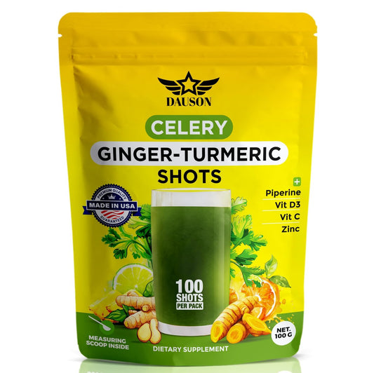 Sellerie-Ingwer-Kurkuma Shots Pulver mit Vitamin C, D3 & Zink – Tägliche Entgiftung & Immununterstützung mit Piperin & Präbiotika – 100 Portionen
