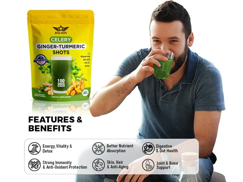Sellerie-Ingwer-Kurkuma Shots Pulver mit Vitamin C, D3 & Zink – Tägliche Entgiftung & Immununterstützung mit Piperin & Präbiotika – 100 Portionen
