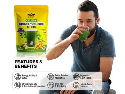 Sellerie-Ingwer-Kurkuma Shots Pulver mit Vitamin C, D3 & Zink – Tägliche Entgiftung & Immununterstützung mit Piperin & Präbiotika – 100 Portionen