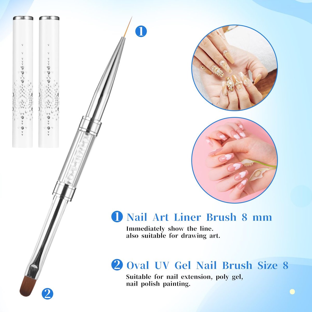 JJUNW 2 Stück Doppelend-Nagelmodellierpinsel für Hartgel, French-Tip-Pinsel, Liner-Pinsel, professionelles Nageldesign (Schwarz und Weiß)