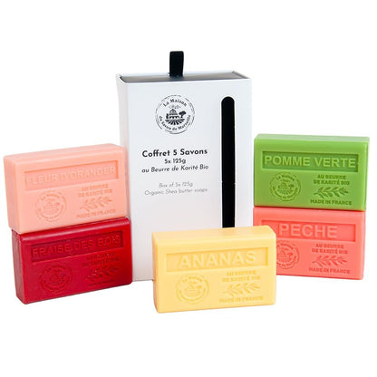 La Maison du Savon de Marseille - Französische Seifen - 5 x 125g Riegel - Bio Sheabutter Hautpflege Geschenkset - Fruchtige Düfte - Pfirsich, Grünem Apfel, Erdbeere, Ananas, Orangenblüte