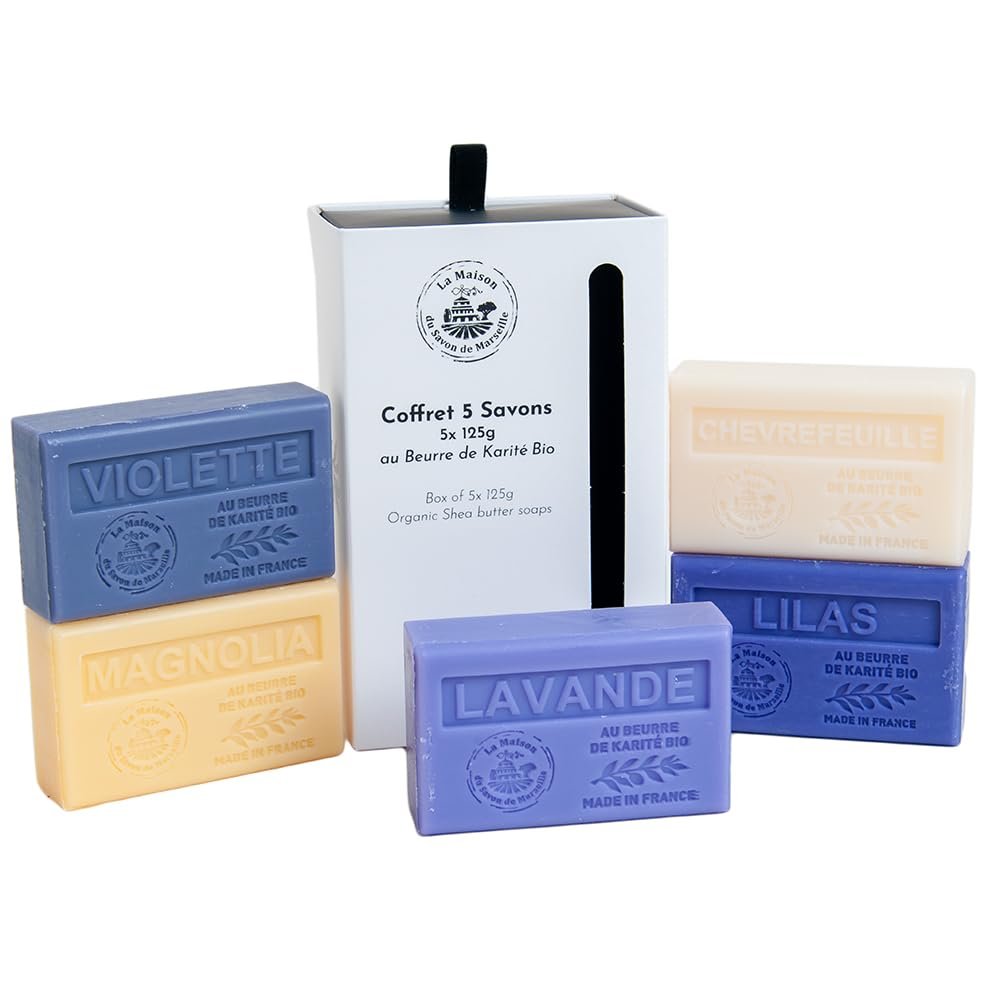 La Maison du Savon de Marseille – 5 x 125g Bio Sheabutter-Seifen im Geschenkset – Florale Düfte: Veilchen, Geißblatt, Magnolie, Flieder, Lavendel