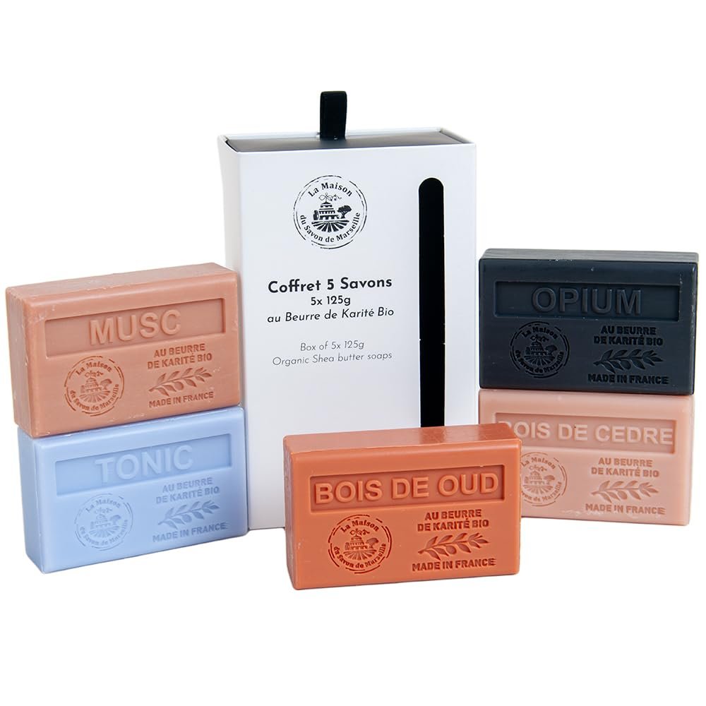 La Maison du Savon de Marseille - Französische Seifen - 5 x 125g Riegel - Bio Sheabutter Feuchtigkeitsspendende Hautpflege Herren Geschenkset - Maskuline Düfte - Moschus - Zedernholz - Oud Holz - Tonic - Opium