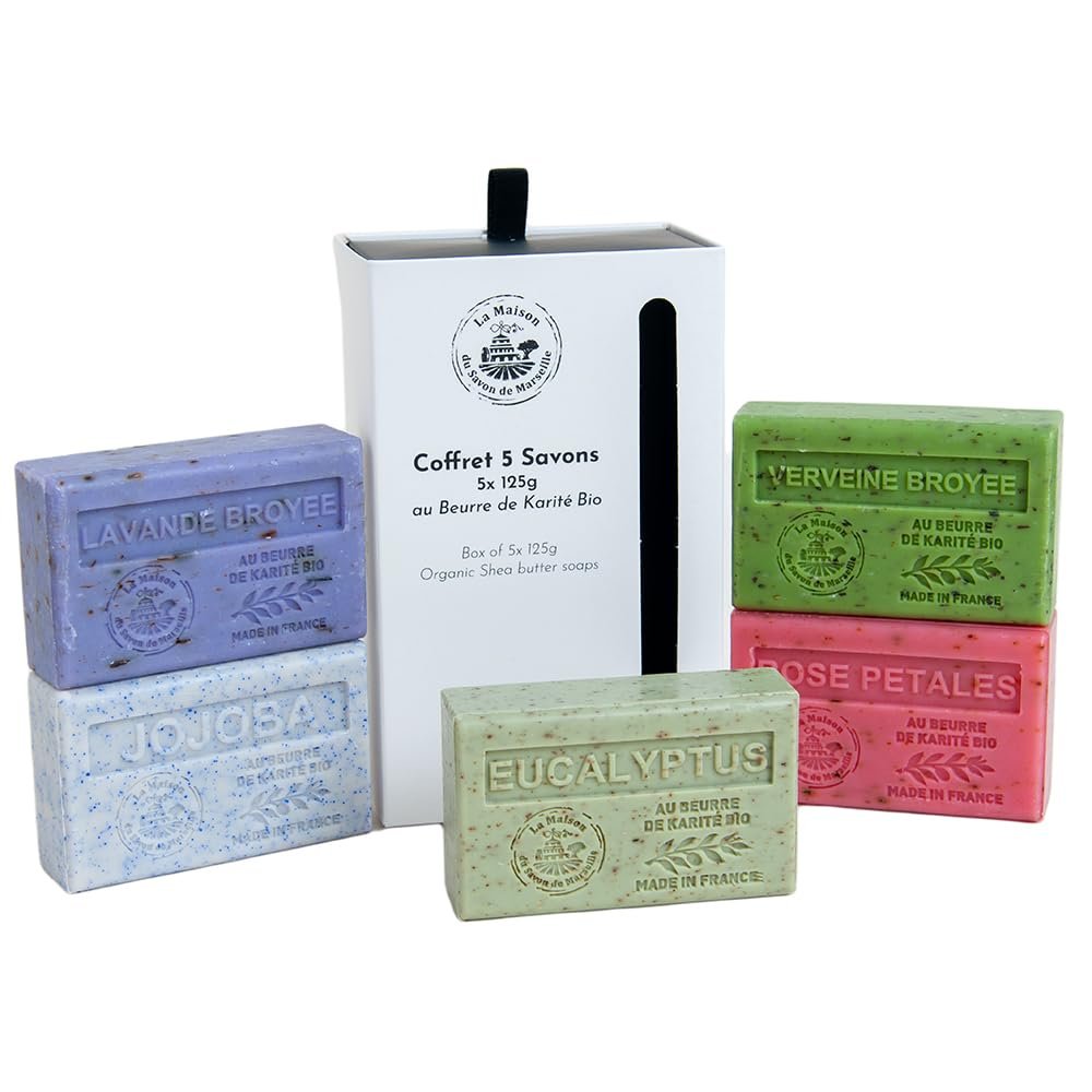 La Maison du Savon de Marseille - Französische Seifen - 5 x 125g Riegel - Bio-Sheabutter Hautpflege Geschenkset - Peeling-Düfte - Zitronenverbene - Rosenblätter - Jojoba - Eukalyptus - Zerkleinerter Lavendel