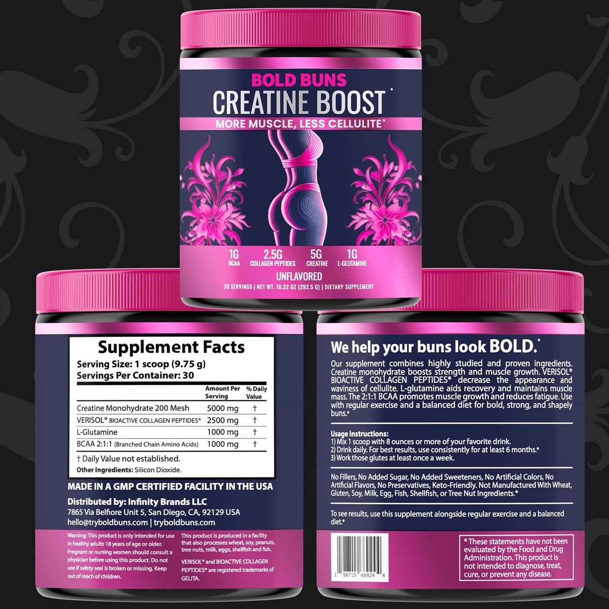 Bold Buns Creatine für Frauen – Supplement mit Kollagen & BCAA – Unterstützt Muskelaufbau, Regeneration, Hautelastizität, gesundes Haar & Nägel (30 Portionen, ungesüßt)