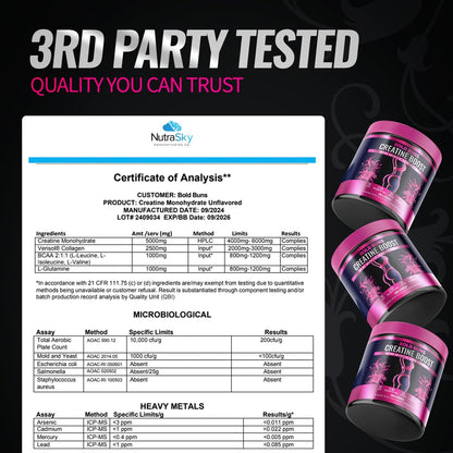 Bold Buns Creatine für Frauen – Supplement mit Kollagen & BCAA – Unterstützt Muskelaufbau, Regeneration, Hautelastizität, gesundes Haar & Nägel (30 Portionen, ungesüßt)