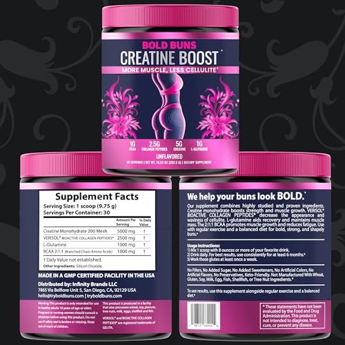 Bold Buns Creatine für Frauen – Supplement mit Kollagen & BCAA – Unterstützt Muskelaufbau, Regeneration, Hautelastizität, gesundes Haar & Nägel (30 Portionen, ungesüßt)