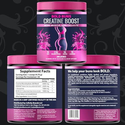 Bold Buns Creatine für Frauen – Supplement mit Kollagen & BCAA – Unterstützt Muskelaufbau, Regeneration, Hautelastizität, gesundes Haar & Nägel (30 Portionen, ungesüßt)