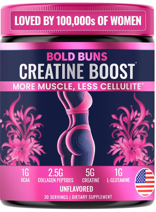 Bold Buns Creatine für Frauen – Supplement mit Kollagen & BCAA – Unterstützt Muskelaufbau, Regeneration, Hautelastizität, gesundes Haar & Nägel (30 Portionen, ungesüßt)