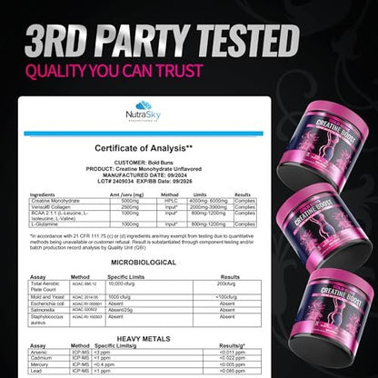 Bold Buns Creatine für Frauen – Supplement mit Kollagen & BCAA – Unterstützt Muskelaufbau, Regeneration, Hautelastizität, gesundes Haar & Nägel (30 Portionen, ungesüßt)