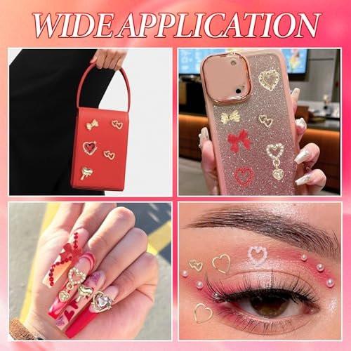 3D Gold Heart Nail Charms und Gems, Gold Bow Alloy Nail Charms Dangle, Rote Herz Strasssteine Nagel Bow Charms, Shiny Luxury Y2K Nagelschmuck Perlen für Nagelkunst Zubehör