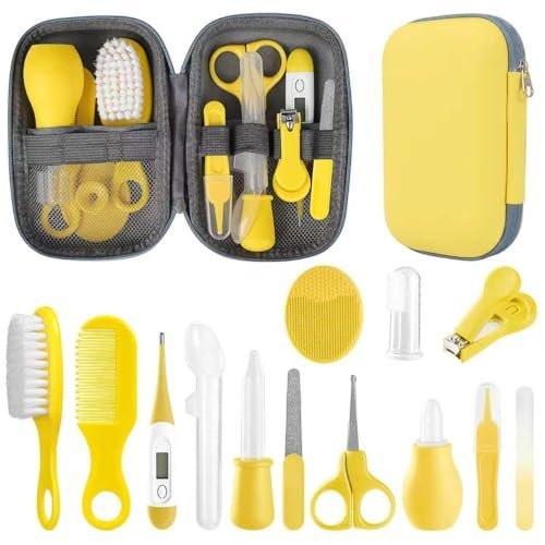Baby Grooming Kit, Säuglingspflege-Set mit Haarbürste, Kamm, Nagelknipser, Nasensauger, Babypflege-Set für Neugeborene Jungen Mädchen (Gelb)