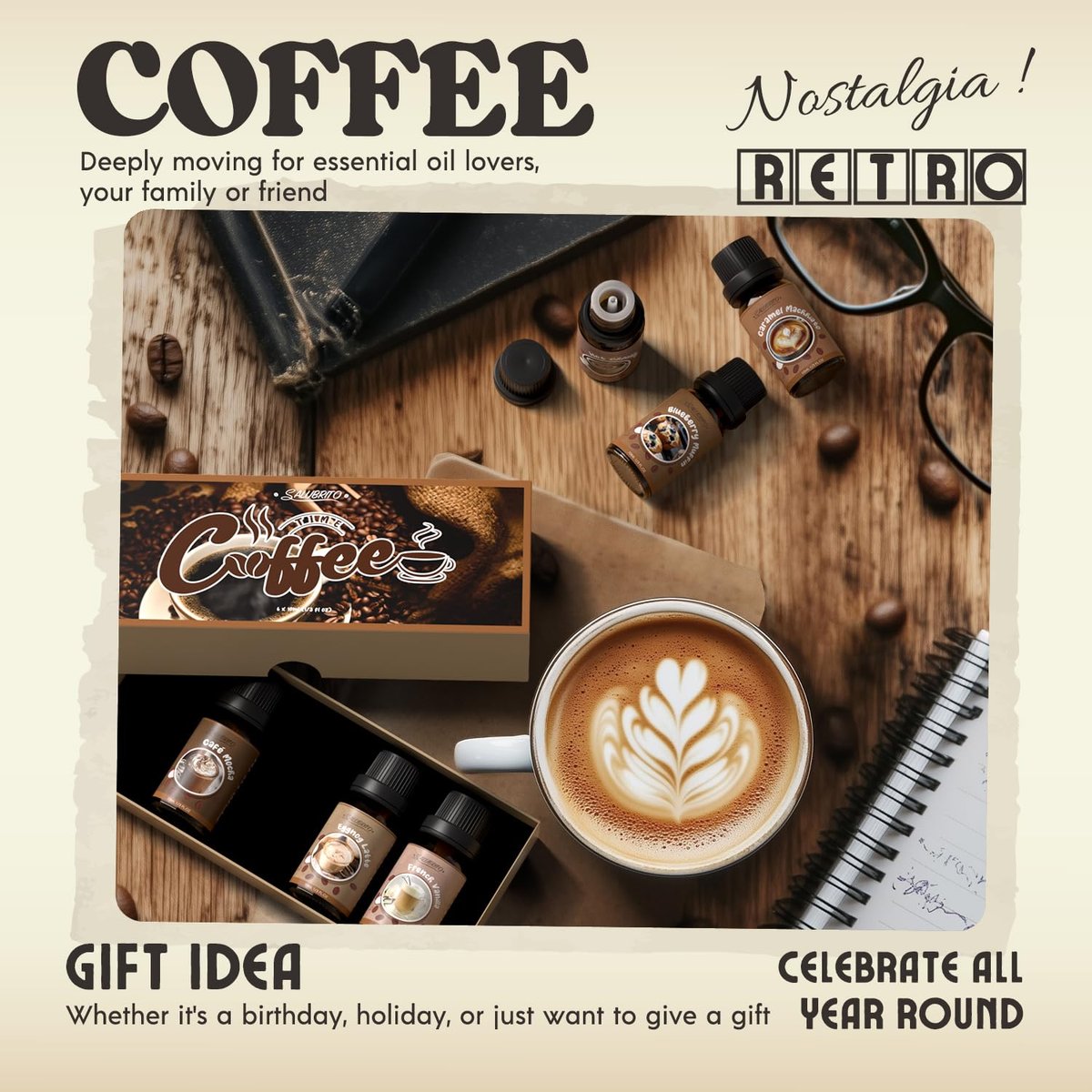 SALUBRITO Kaffeeduft Öle Set – Premium ätherische Öle für Diffuser, Kerzen- und Seifenherstellung – Blaubeer-Muffin, Eierlikör-Latte, Karamell-Macchiato, Café Mokka, Französische Vanille, Heiße Schokolade – Duftöl Set (6 x 30 ml)