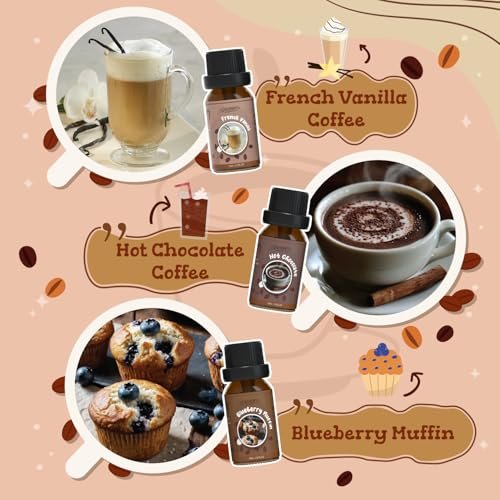 SALUBRITO Kaffeeduft Öle Set – Premium ätherische Öle für Diffuser, Kerzen- und Seifenherstellung – Blaubeer-Muffin, Eierlikör-Latte, Karamell-Macchiato, Café Mokka, Französische Vanille, Heiße Schokolade – Duftöl Set (6 x 30 ml)