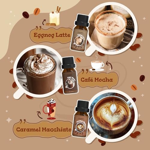 SALUBRITO Kaffeeduft Öle Set – Premium ätherische Öle für Diffuser, Kerzen- und Seifenherstellung – Blaubeer-Muffin, Eierlikör-Latte, Karamell-Macchiato, Café Mokka, Französische Vanille, Heiße Schokolade – Duftöl Set (6 x 30 ml)