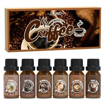 SALUBRITO Kaffeeduft Öle Set – Premium ätherische Öle für Diffuser, Kerzen- und Seifenherstellung – Blaubeer-Muffin, Eierlikör-Latte, Karamell-Macchiato, Café Mokka, Französische Vanille, Heiße Schokolade – Duftöl Set (6 x 30 ml)