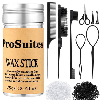 Slick Back Haarbürste mit 1000 Haargummis, Haarwachs-Stick, elastischen Haarbändern, Rattenschwanzkamm für Frauen, Männer und alle – Lockiges Haar, glattes Haar