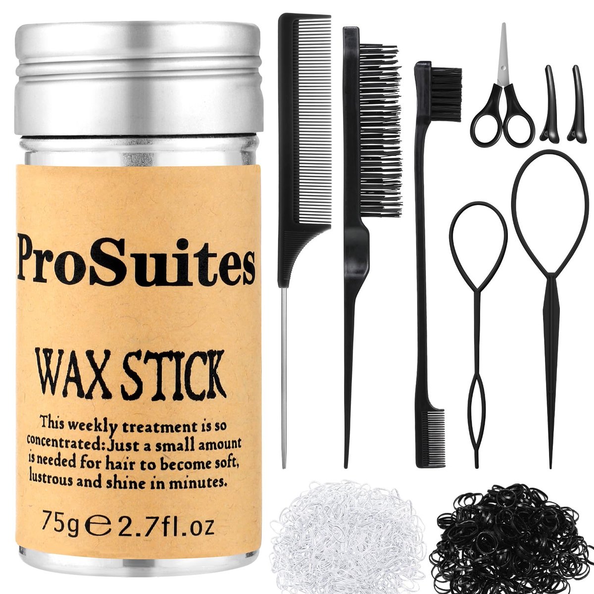 Slick Back Haarbürste mit 1000 Haargummis, Haarwachs-Stick, elastischen Haarbändern, Rattenschwanzkamm für Frauen, Männer und alle – Lockiges Haar, glattes Haar