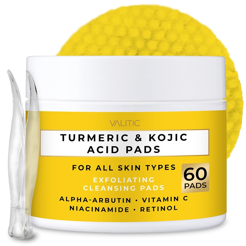 VALITIC Turmeric Kojic Acid Reinigungspads – Peeling-Dunkelfleckenentferner für das Gesicht mit Vitamin C, Alpha-Arbutin, Niacinamid und Retinol – Kojic Acid und Turmeric Reinigungspads – 60 Stück