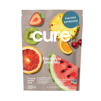 Cure Hydration | Pflanzlicher Elektrolyt-Drink-Mix | Ohne Zuckerzusatz | FSA-HSA | Dehydrationshilfe mit Kokoswasser | Non-GMO | Vegan | 8 Portionen - Tropische Sortenvielfalt